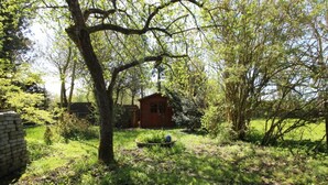A rustic wooden cabin surrounded by lush greenery and trees.