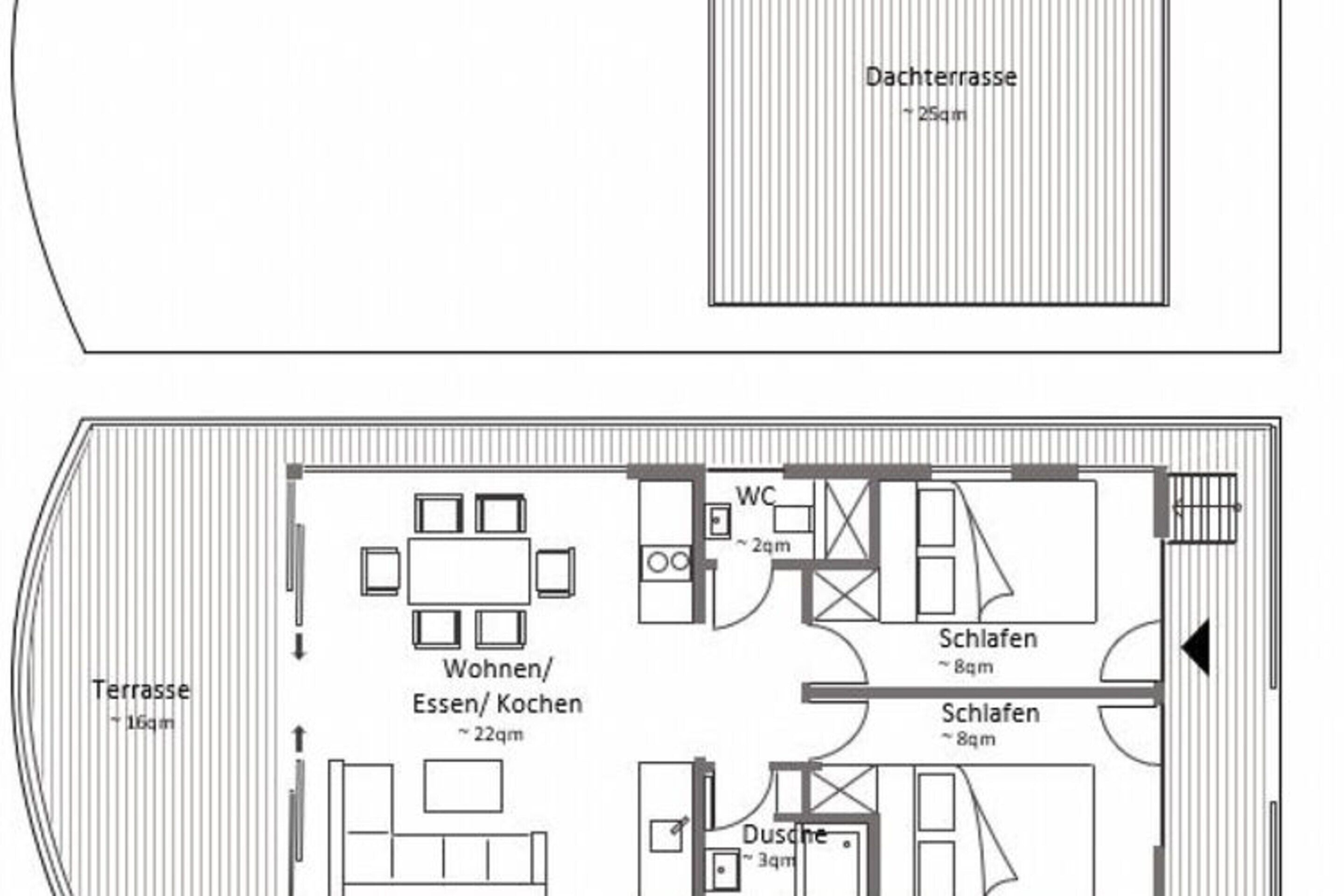A floor plan of a hotel with a terrace, two bedrooms, a bathroom, a living/dining area, and a small bathroom.