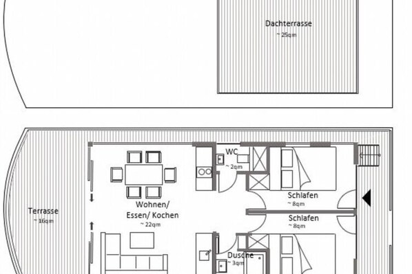 A floor plan of a hotel with a terrace, two bedrooms, a bathroom, a living/dining area, and a small bathroom. - Hausboot in Boltenhagen (Boltenhagen)