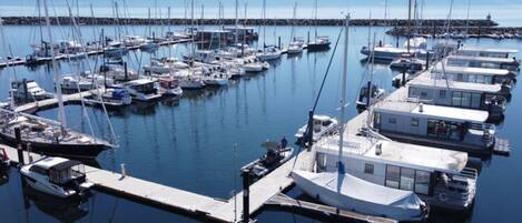 A marina with multiple boats docked, a pier, and a floating structure with a covered deck.