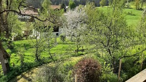 A rural landscape with a house surrounded by green fields and trees. - Ferienwohnung in Viechtach (Viechtach)