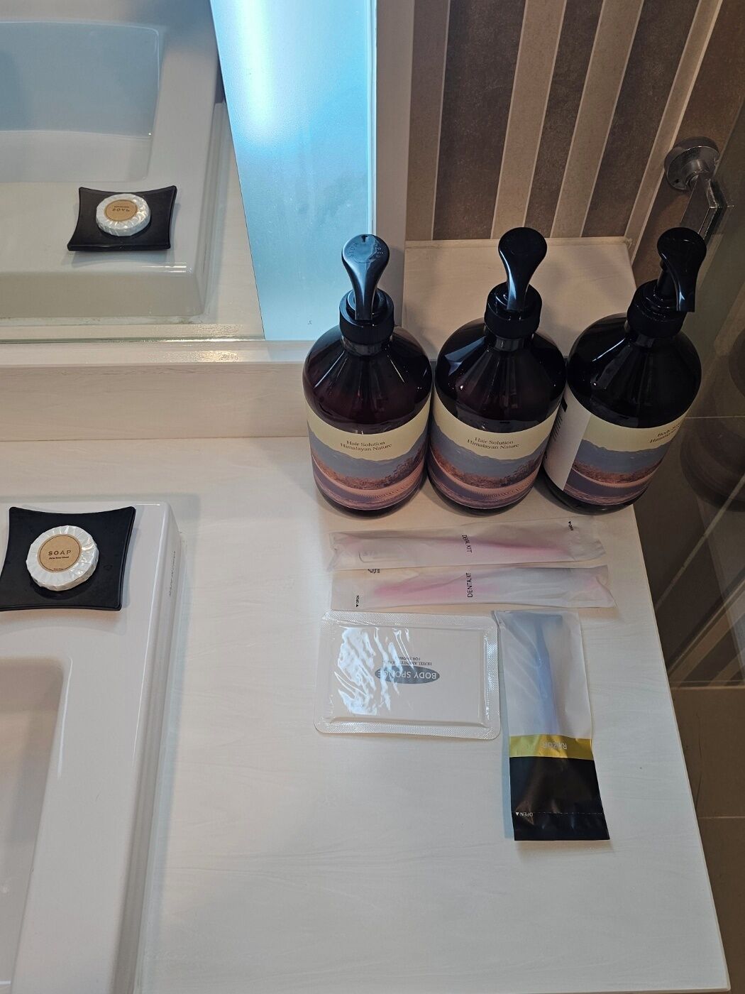 Un meuble-lavabo de salle de bain avec trois flacons de produits capillaires, un savon et une brosse à cheveux.