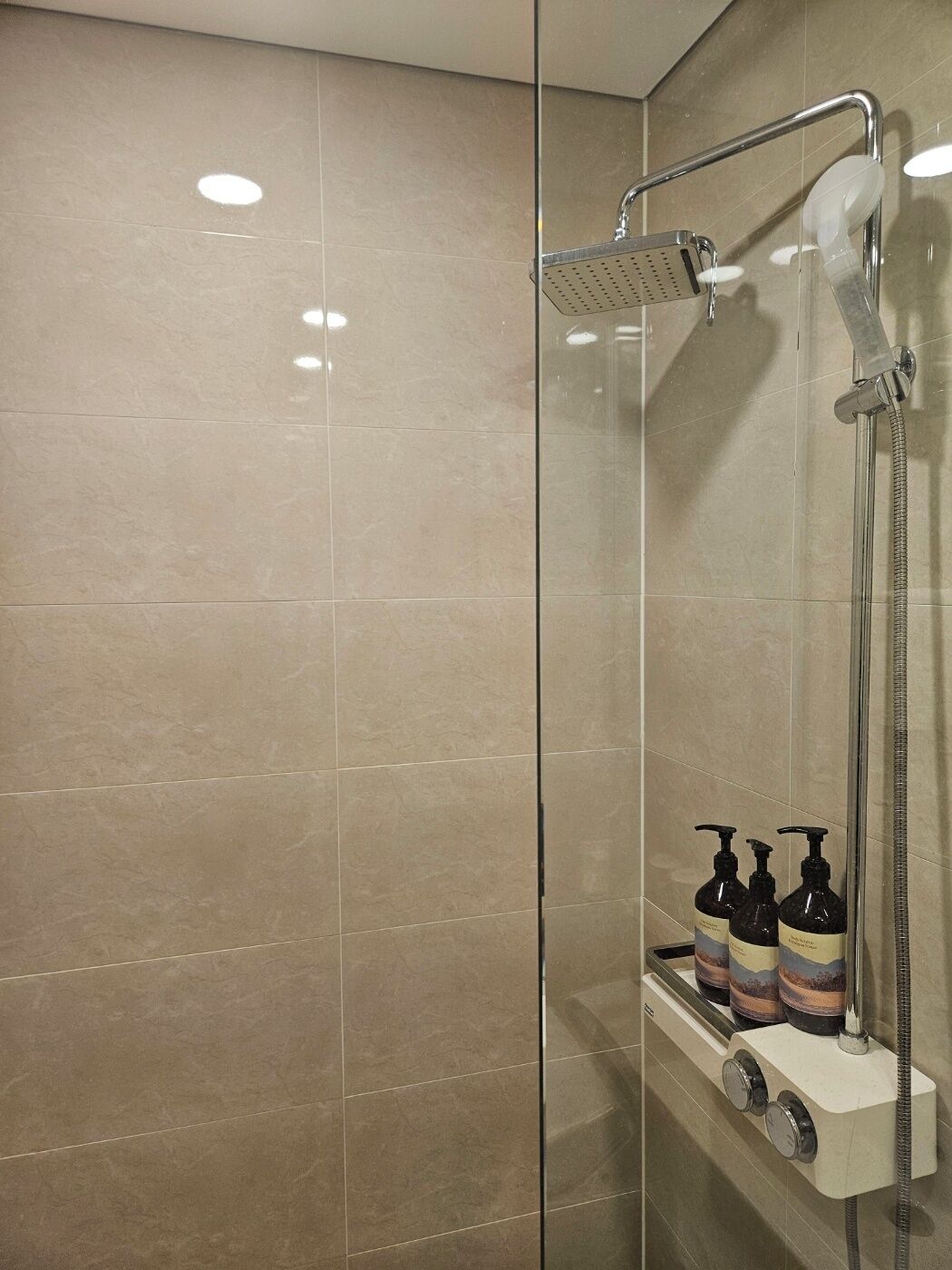 Ducha moderna con cabezal de ducha de mano y panel de control en la pared.