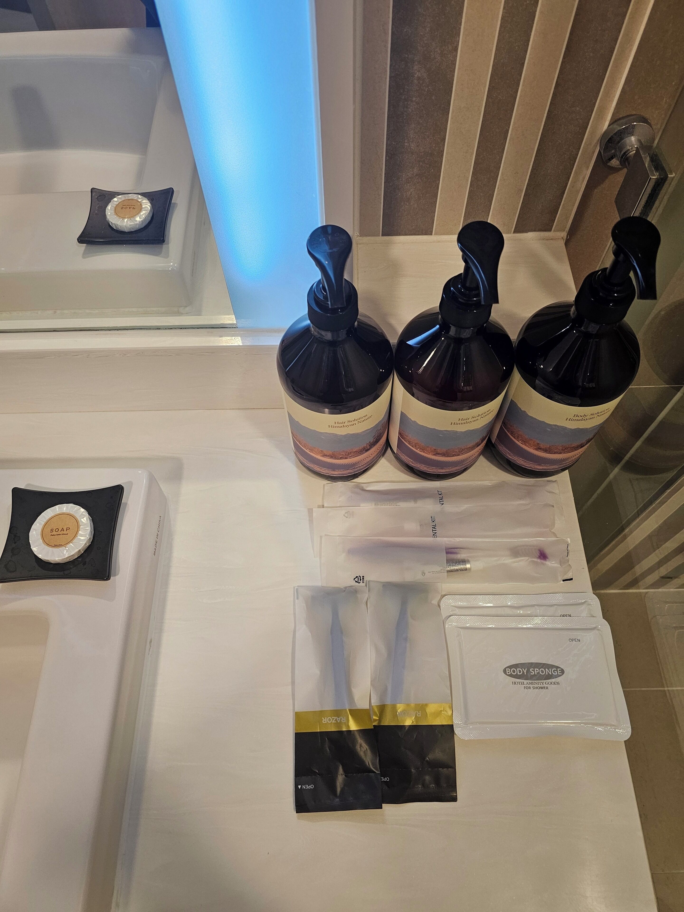 A bathroom counter with hair care products, a soap dish, and body sponge packets.