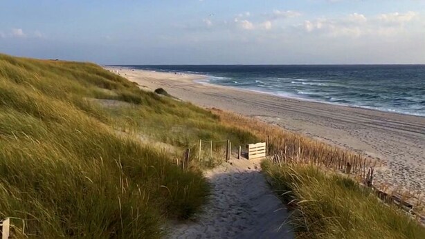 Een kustpad dat naar een strand leidt, met duinen en een houten hek.