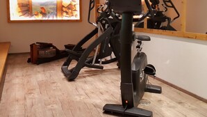 A stationary bike in a room with a wooden floor, a large mirror on the wall, and a television displaying a landscape scene. - Apartment in Wildschonau by Schatzberg Lift (Wildschönau)