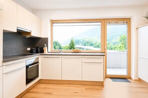 A modern kitchen with a built-in oven, a sink, and a window with a view of a forested area. - Holiday Home in Aschau Near Climbing Center (Aschau Im Zillertal)