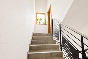 Un escalier avec une rampe et une fenêtre ornée d’une plante.