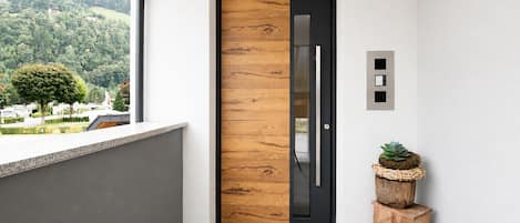 A modern entrance with a wooden door, a small plant on a wooden stand, and a view of a green landscape.