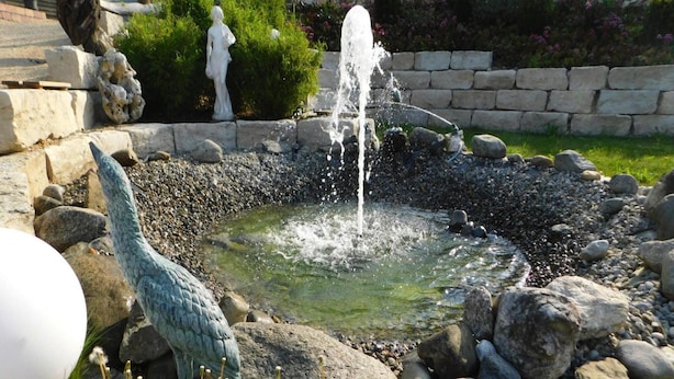A garden with a fountain, a statue, and a pond surrounded by rocks and plants. - Apartment in Veringendorf Near Swabian Alb (Veringenstadt)