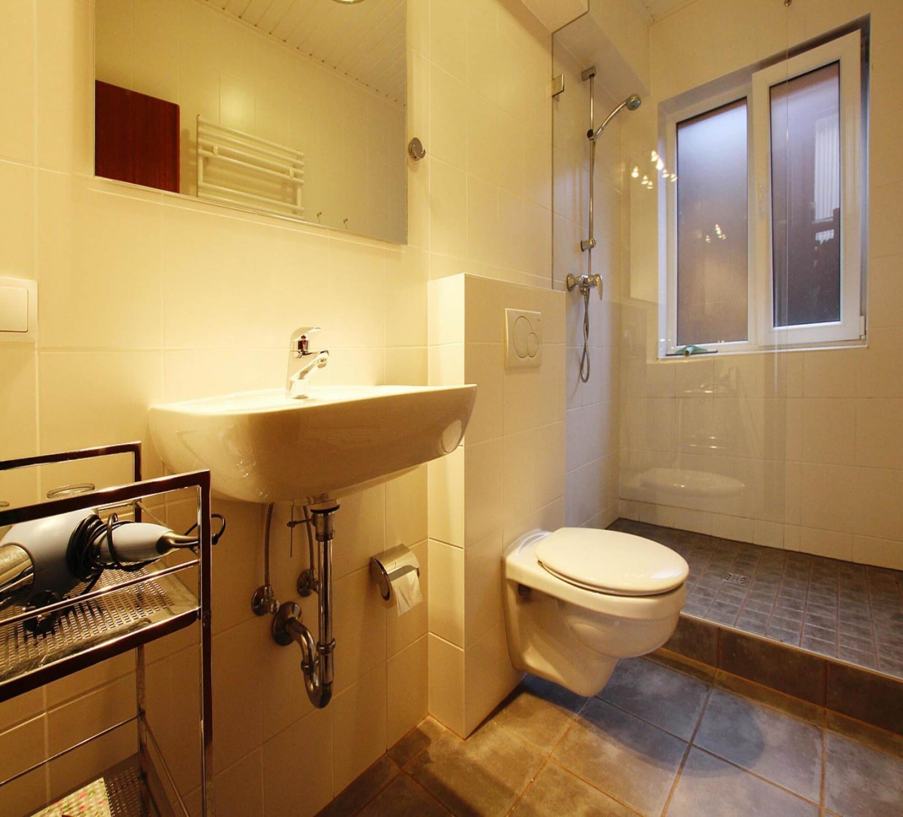 Ein Badezimmer mit Waschbecken, Toilette und Dusche.