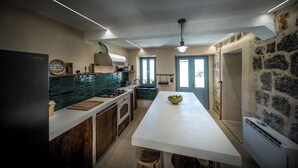 A kitchen with a central island, a stove, a sink, and a stone wall. - Rustic 4-bedroom villa with all the modern amenities in quiet surrounding  (Croatia)