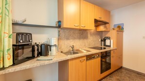 A compact kitchen with wooden cabinets, a built-in oven, a coffee maker, and a toaster. - Apartment in Fugen Near Spieljochbahn (Fuegen)