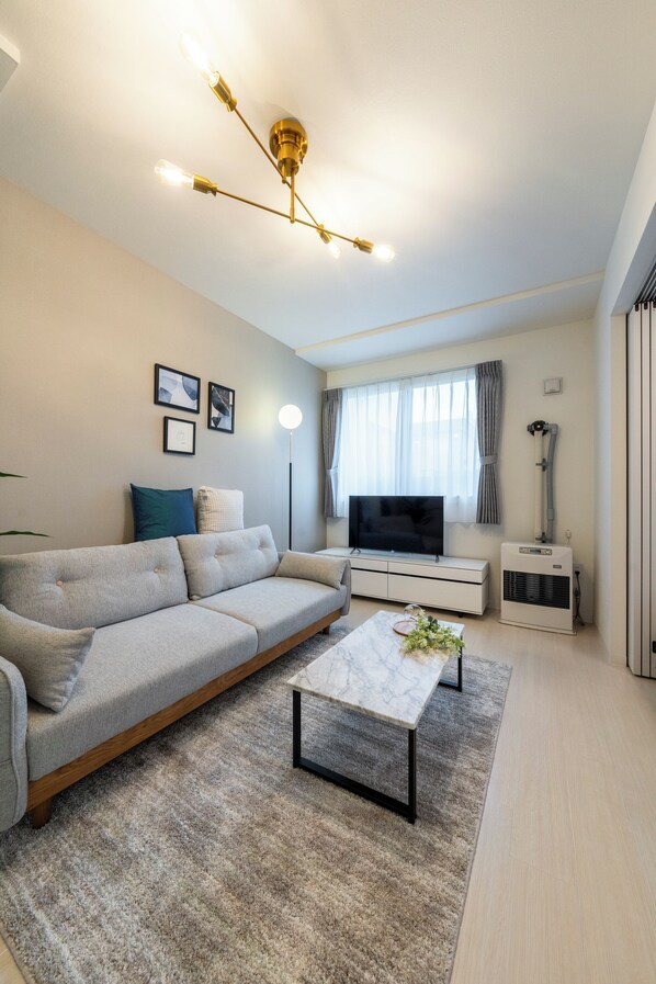 A modern living room with a sofa, a coffee table, a TV, and a ceiling light fixture.