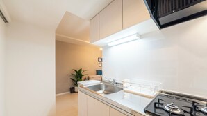 A modern kitchen with a stainless steel sink, a gas stove, and light-colored cabinets. - UNAKITE 102 (Sapporo)
