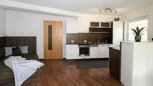 A modern kitchen with white cabinets, a built-in oven, and a window with a plant on the counter. - Apartment in Hippach Near Mayrhofen Ski Area (Hippach)