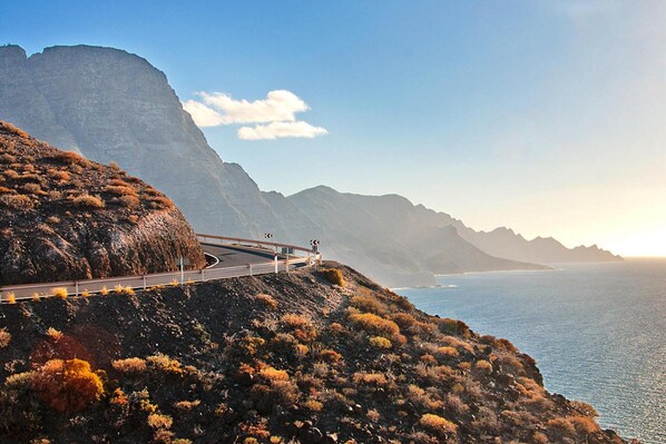 A coastal road with a guardrail, overlooking the ocean and a mountainous landscape.