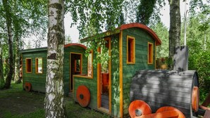 A small, rustic train-themed cabin with a door and windows, surrounded by trees. - Comfortable Holiday Homes With a Fireplace (Darlowo)