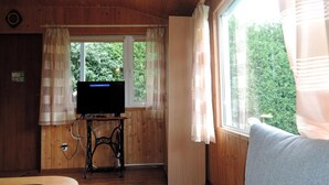 Interior de una cabaña de madera con una televisión sobre una mesa, un sofá y una ventana con cortinas.