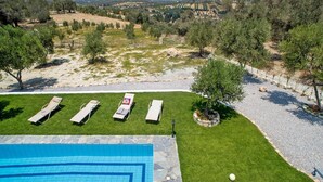 Zona de piscina con cuatro tumbonas, un árbol pequeño y vistas del paisaje circundante.