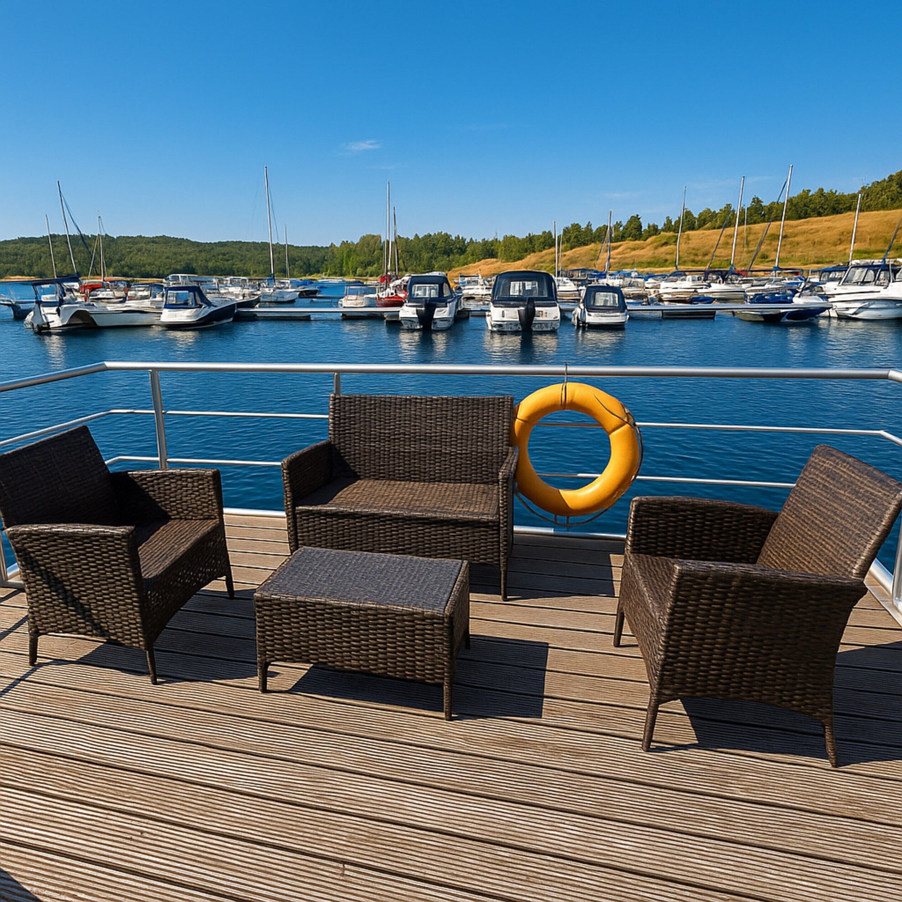 Une terrasse dotée de meubles en osier et d’une bouée de sauvetage, offrant une vue sur un port de plaisance rempli de bateaux.