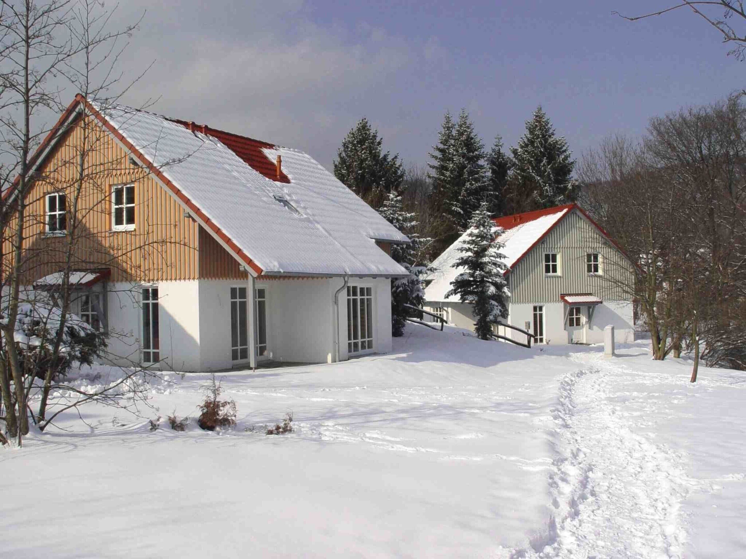 Zwei Holzhäuser mit schneebedeckten Dächern und einer verschneiten Landschaft.