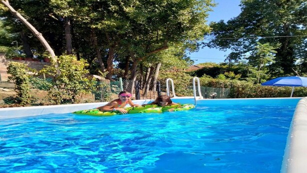 Une piscine à l’eau d’un bleu cristallin, entourée d’arbres et d’une clôture.