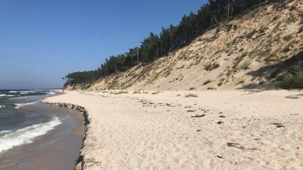 A sandy beach with a rocky cliff and dense forest. - Holiday Home in Kolczewo Near Wild Beach (gmina Wolin)