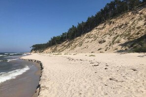 A sandy beach with a rocky cliff and dense forest. - Holiday Home in Kolczewo Near Wild Beach (gmina Wolin)