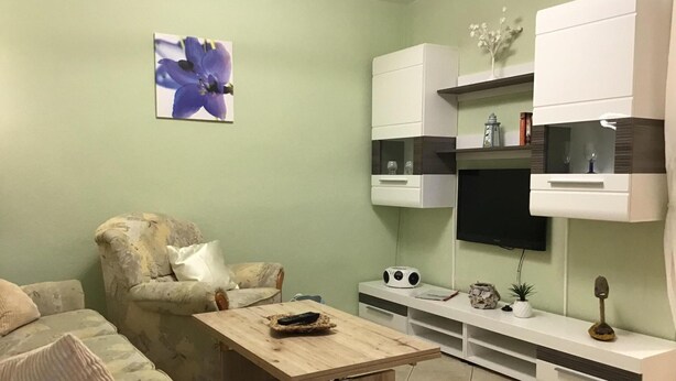 A living room with a sofa, a coffee table, a TV, and a cabinet. - Doppelhaushalfte, Plau am See (Plau am See)