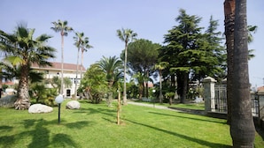 Ein gepflegter Garten mit Palmen, einer Rasenfläche und einem Gebäude im Hintergrund.