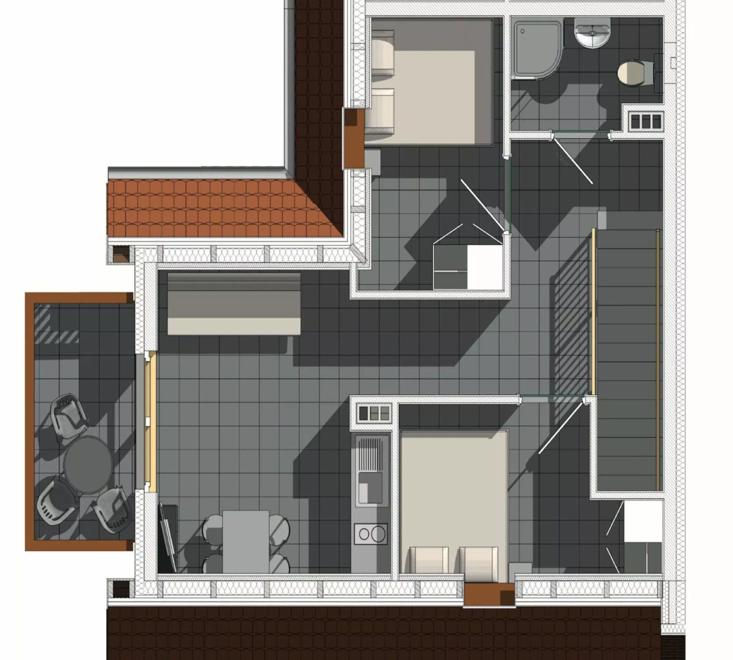 Plano de planta de una habitación de hotel con baño, kitchenette y zona de estar con mesa y sillas.