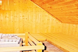A wooden room with benches and a bench seat.