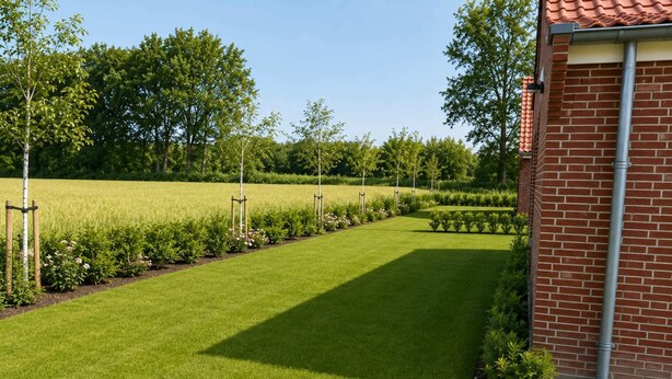 A well-maintained lawn with a brick building, surrounded by trees and a field. - Holiday Home in Breskens near the Beach (Breskens)