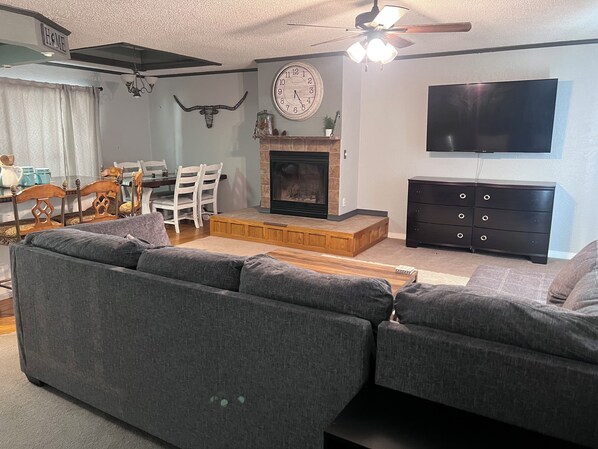 Smart TV, fireplace, DVD player, books