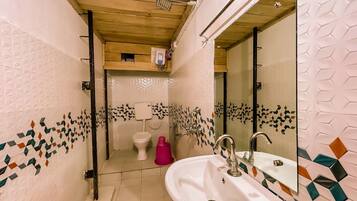 Shower, rainfall showerhead, towels, soap