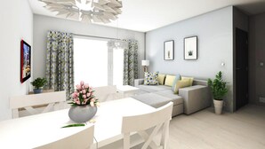 A modern living room with a dining area, a sofa set, and a large window with curtains. - Holiday Apartment in Grzybowo (Kołobrzeg)