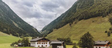 A traditional chalet-style building with a sloped roof, surrounded by lush green fields and mountains.