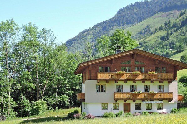 Situated in a serene valley, this chalet-style building offers a picturesque setting surrounded by dense forest and rolling hills.