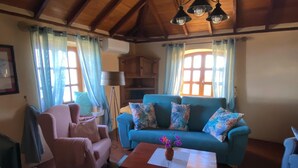 Un salon chaleureux avec un canapé bleu, un fauteuil rose, une table basse en bois et un ventilateur de plafond.