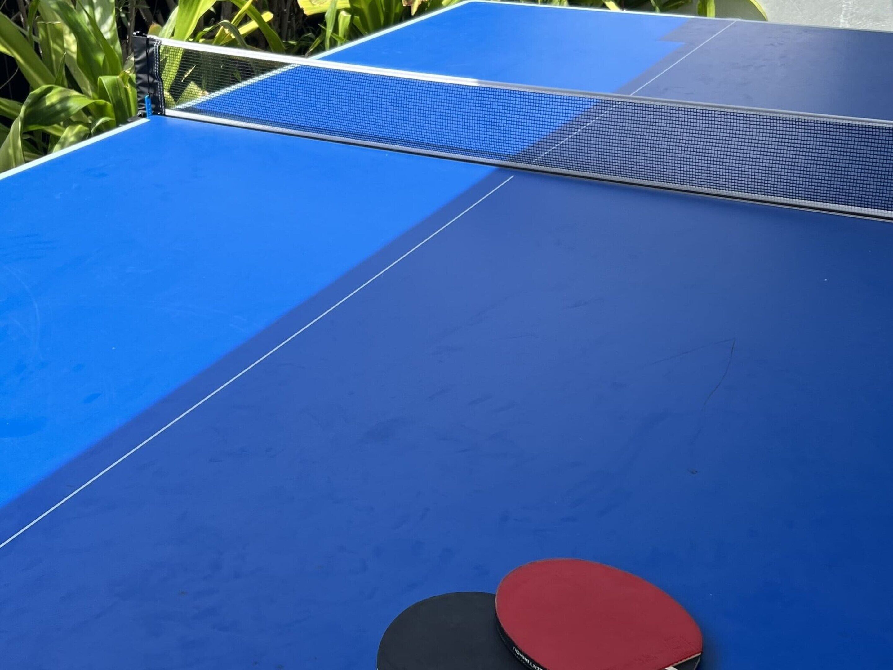 Una mesa de tenis de mesa azul con una red y dos paletas, una roja y otra negra.