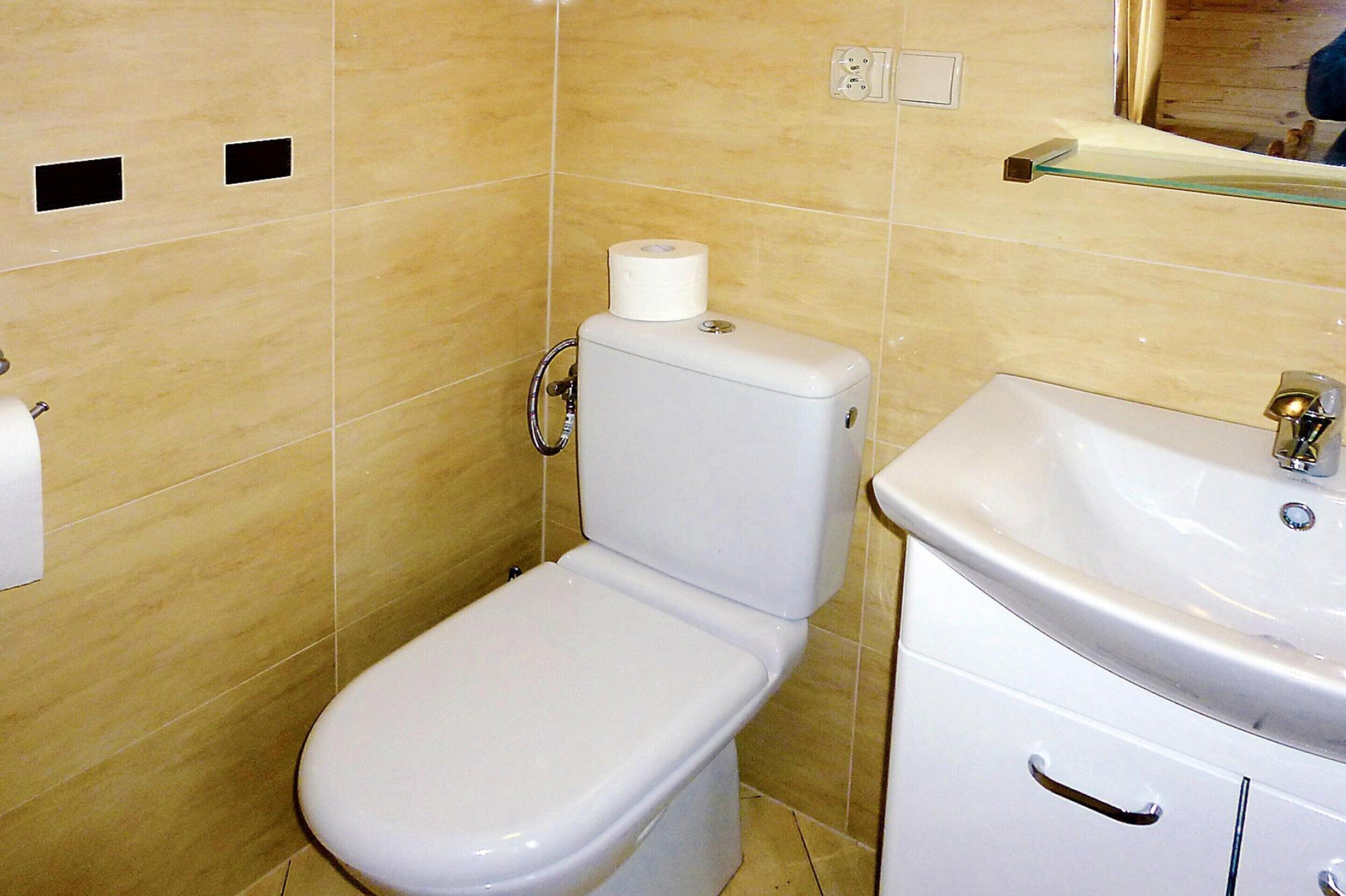 Ein Badezimmer mit Toilette, Waschbecken und Spiegel.