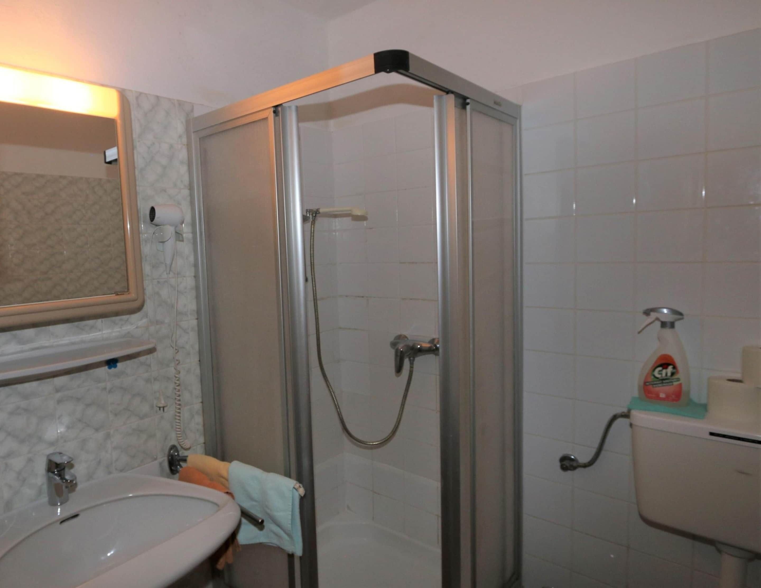 A bathroom with a glass-enclosed shower, a sink, a toilet, and a mirror.