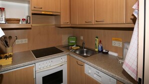 A compact kitchen with wooden cabinets, a built-in oven, a sink, and a countertop with various kitchen items. - Apartment in Vorberg Near Dachstein Glacier (Ramsau am Dachstein)