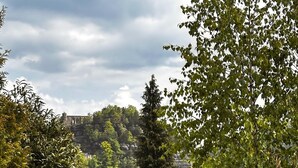 Une terrasse avec une table et des chaises, entourée de verdure et offrant une vue sur une maison et des collines.