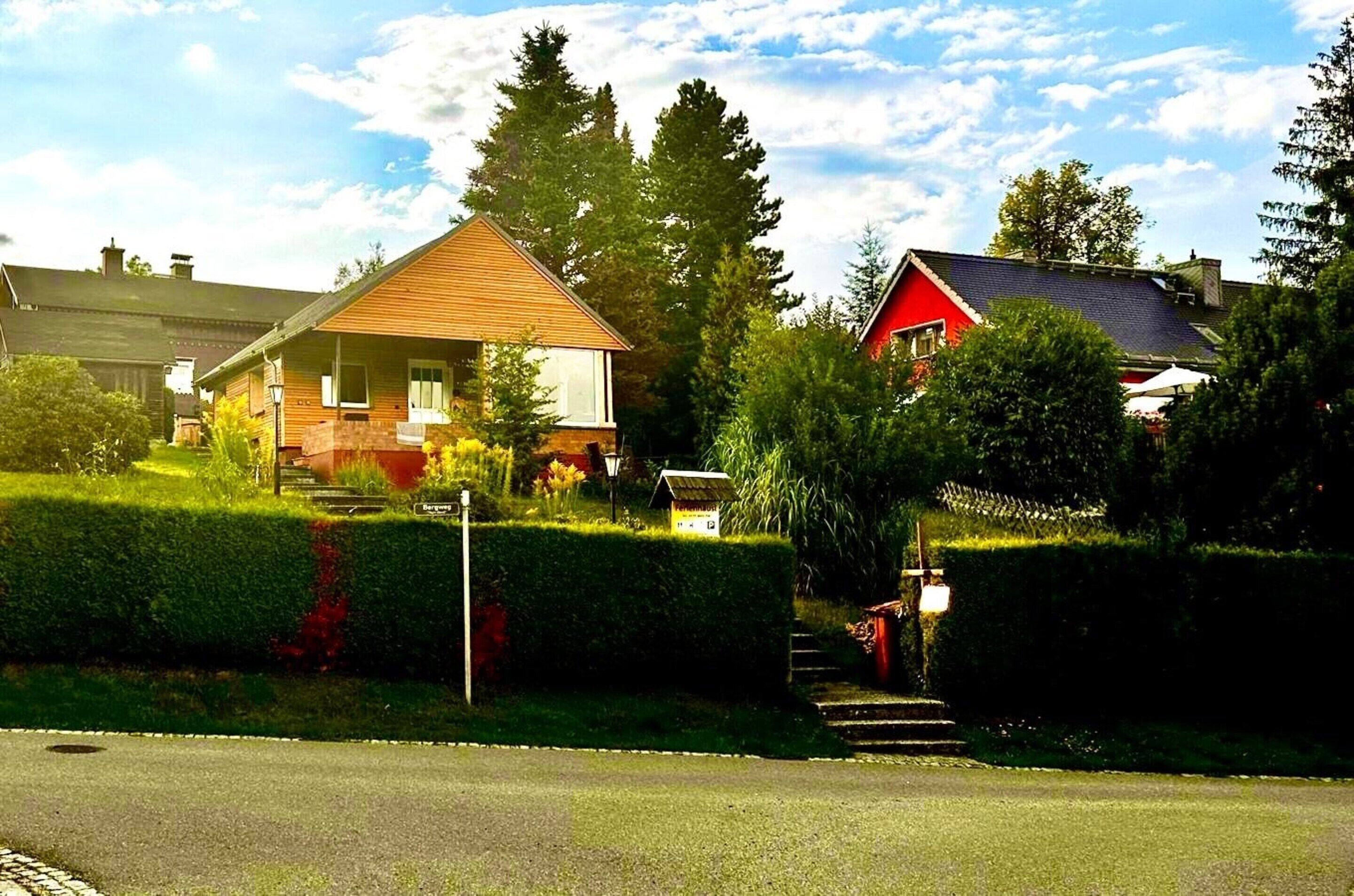 A residential area with houses, a road, and a hedge.