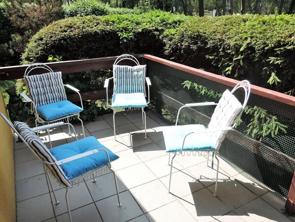 A patio with four chairs and a table, surrounded by a metal railing and a hedge. - Cottage Overlooking the Lake, Insko (Insko)