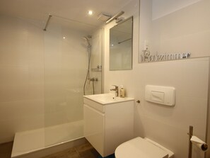 Un baño moderno con cabina de ducha de vidrio, un lavabo blanco con artículos de aseo y un inodoro.