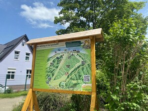 Un letrero de madera con un mapa y un código QR, rodeado de follaje y una casa al fondo.