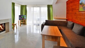 A modern living room with a sofa, a wooden coffee table, a TV on a stand, and a fireplace. - Comfortable Holiday Home With a Private Garden (Mielno)